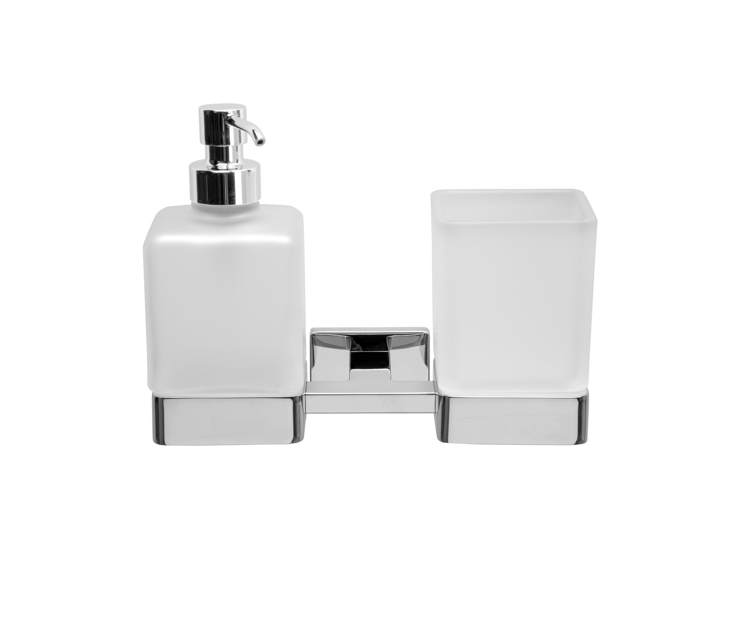 Lea Wall-mounted Double Support With Satined Glass Tumbler And Soap Dispenser And Chrome-plated Brass Pump