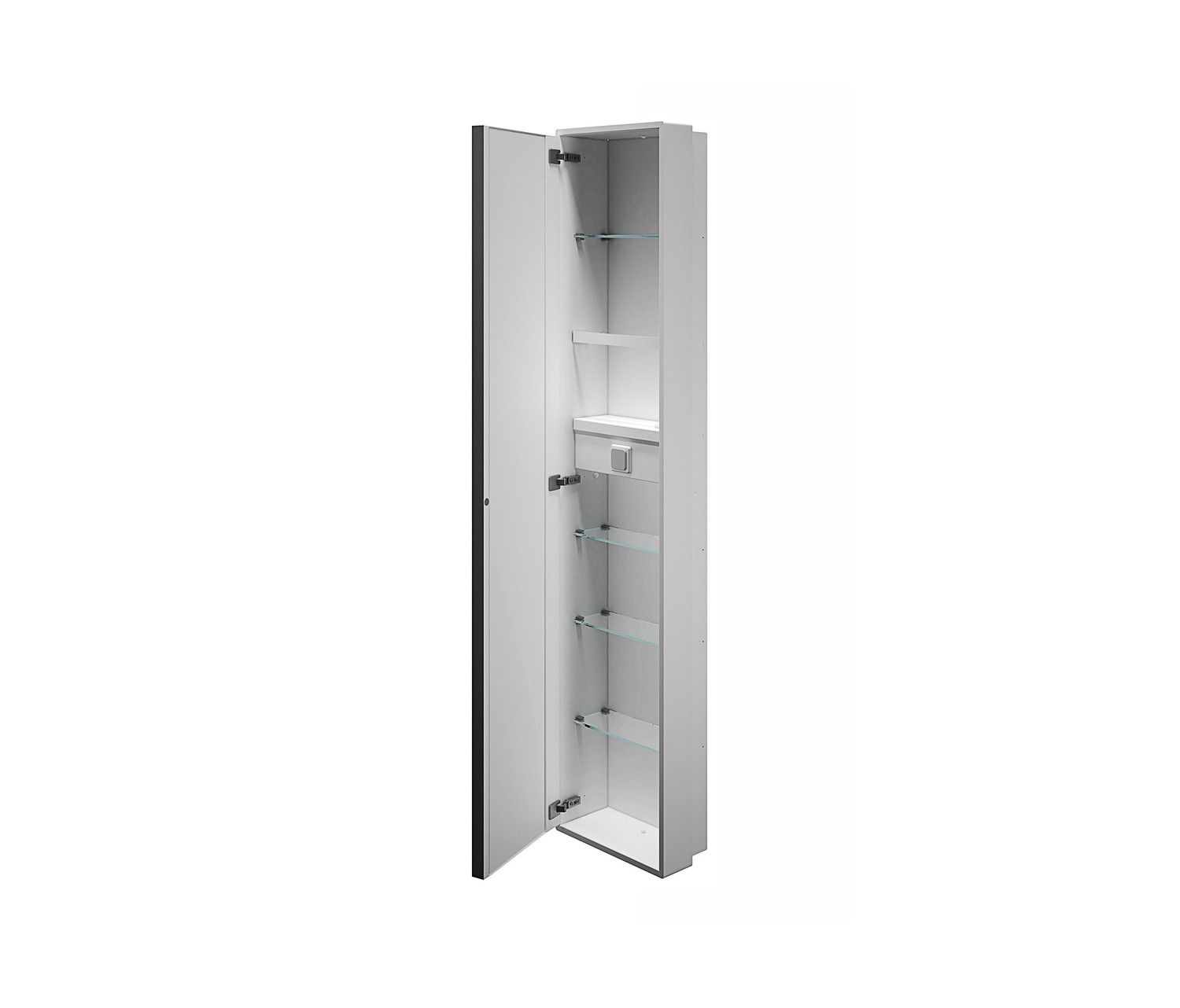 My Secret Half Built-in Modul With Glass Shelves, Hairdryer Horder, Glass Shelves, Pivot Door With Internal Mirror detail